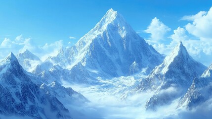 Obraz premium A winter vista of Mount Everest with icy winds blowing snow off its summit, creating a misty effect.