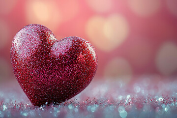 Fototapeta premium Glittery red heart on sparkling surface with bokeh background.