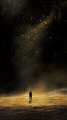 Obraz premium Solitary Figure in a Golden, Starlit Landscape