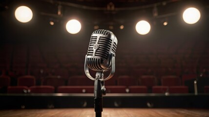An empty stage with a single bright spotlight focused on a vintage microphone in the center.