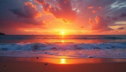Fototapeta premium Vibrant Sunset Ocean Beach Seascape Tropical Paradise