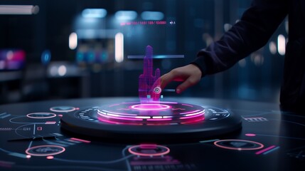 Holographic user interface showcasing real-time data analytics and futuristic technology icons floating in a dark, glowing tech environment. cyber tech background or wallpaper 