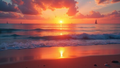 Fototapeta premium Stunning Sunset Ocean Beach Seascape Sailboats at Dusk