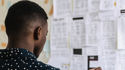 Person standing in front of a job listings board, scanning opportunities with a focused expression. The scene conveys the pursuit of career advancement and the search for meaningful employment.