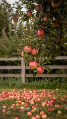Ripe Red Apples Hanging from Tree Branch in Orchard with Fallen Fruit on Grass, Rustic Farm Landscape, Harvest Season, Organic Agriculture, Fresh Produce