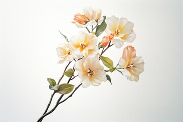 Obraz premium Painting of a flower with a white background. The painting is of a flower with a yellow center and green leaves. The painting has a serene