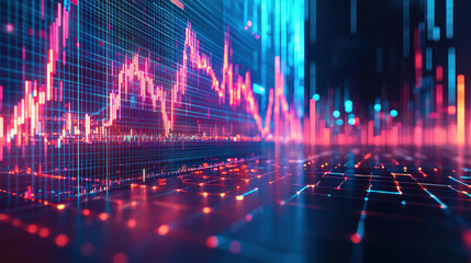 Glowing stock market chart with red and blue lines.