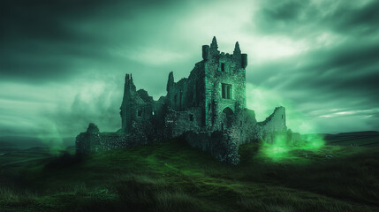 Obraz premium A conceptual image of an old Irish castle with a green aura, symbolizing the magic of St. Patrick's Day, under a twilight sky.