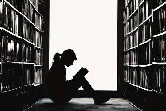 Serene silhouette of a reader lost in the pages of a library