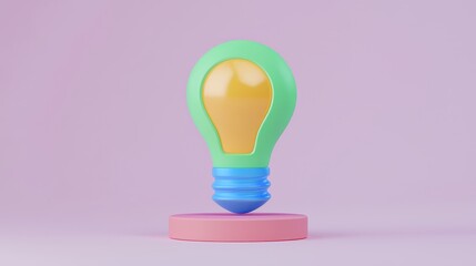 Colorful 3D Render of a Light Bulb on Pink Platform Idea Innovation Creativity Concept