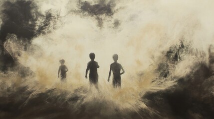 Fototapeta premium Mysterious Journey: Children Walking Through Fog