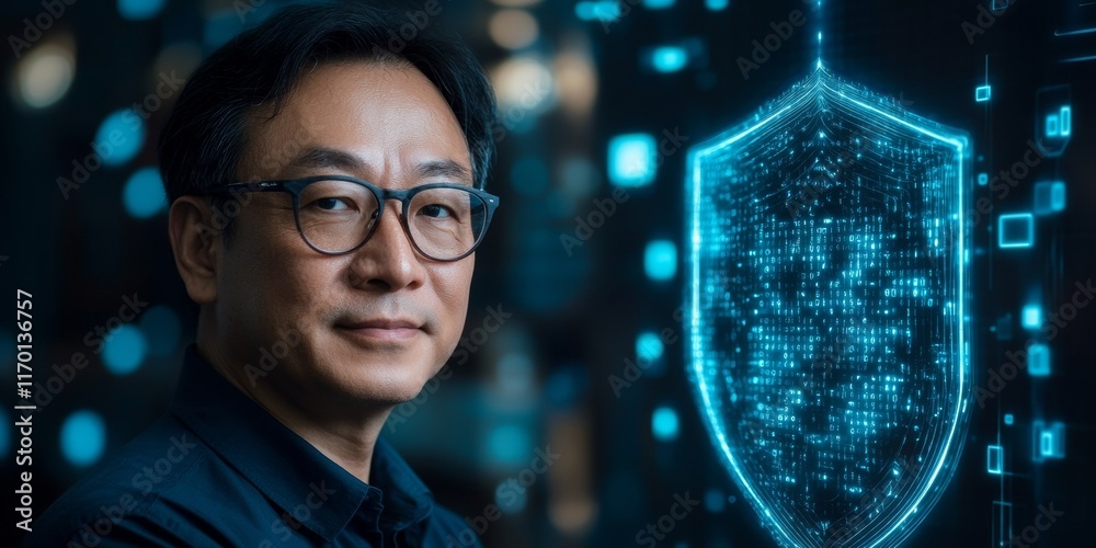 Poster confident asian man with cyber shield in abstract digital background