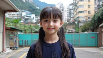 A young girl smiles in an urban setting with buildings.