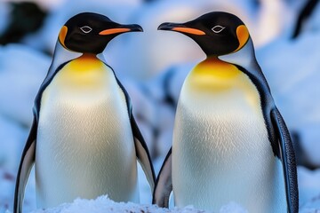 Two penguins are standing close to each other in the snow. The scene is calm and tranquil, with the birds looking at each other with curiosity. The snow around them is deep and white