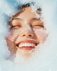 Joyful Woman Smiling in Snow with Glittering Ice Crystals on Face in Soft Sunlight