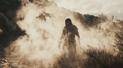 Mysterious Figure in a Dusty Desert Landscape