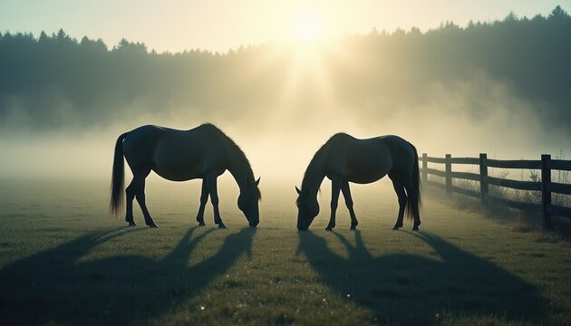 Two Horses Grazing at Sunrise Misty Pasture Rural Scene
