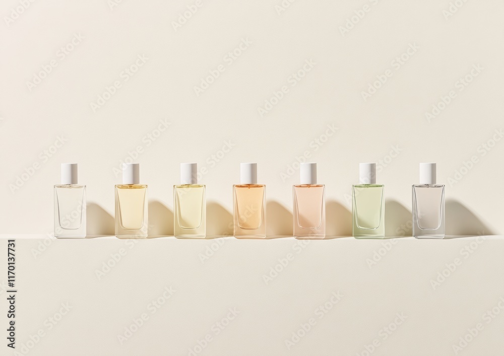 Aufkleber Elegant Minimalist Perfume Bottles in a Neat Row on a Soft Beige Background