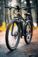 Obraz premium Black bicycle with a yellow seat and yellow handlebars. The bike is parked on a dirt road