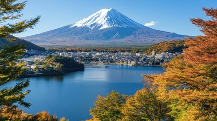 Aerial view of Tokyo cityscape with Mount Fuji in the background, framed by a clear blue sky.