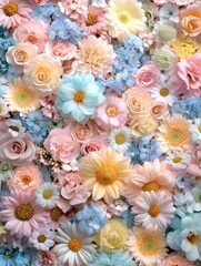 Colorful bouquet of flowers with a variety of colors including pink, blue, yellow, and white