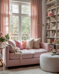 Obraz premium Elegant living room featuring a soft baby pink sofa bookshelves and expansive windows allowing natural light to brighten the space transitional interior design