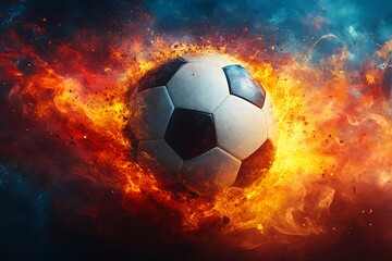 Naklejka premium Black and white soccer ball in flames on Abstract background 