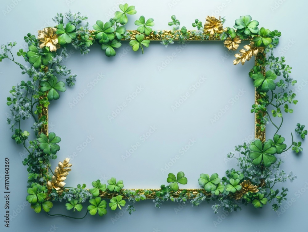 Wall mural frame with a green and gold border is filled with various types of leaves. the frame is empty, allow