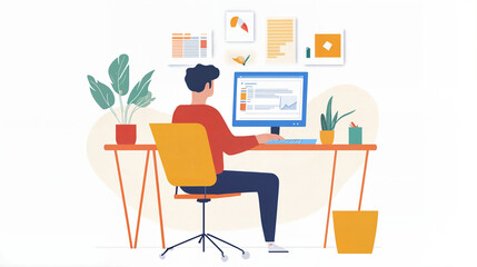 The image depicts an illustration of a person sitting at a desk using a computer