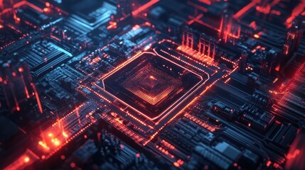 Obraz premium A conceptual representation of a hybrid quantum chip integrating traditional and quantum computing elements, symbolizing technological synergy