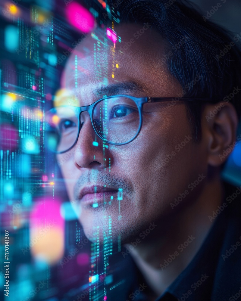 Poster futuristic blockchain vision korean man with digital tablet and glowing charts