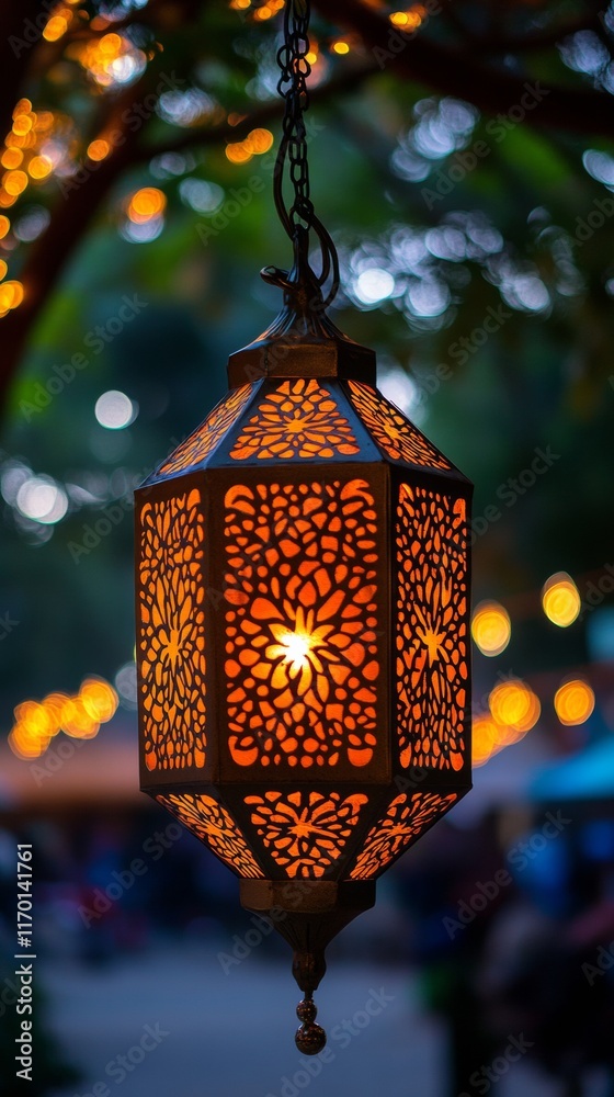 Poster illuminated lantern with intricate patterns at nighttime festival