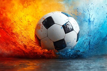 Fototapeta premium Black and white soccer ball in flames on Abstract background 
