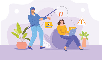 
A detailed illustration showing a phishing attack scenario, with a deceptive email and fake website trapping a victim, surrounded by warning signs and cybersecurity symbols, highlighting the need for