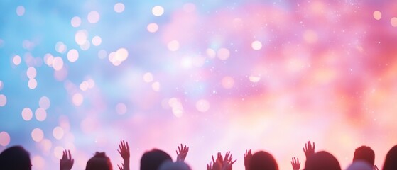 Dreamlike Night Sky Gathering with Uplifted Hands and Pastel Glows