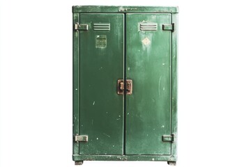 Green cabinet with a rusty lock. The cabinet is old and has a worn appearance. The door is open and the lock is rusted