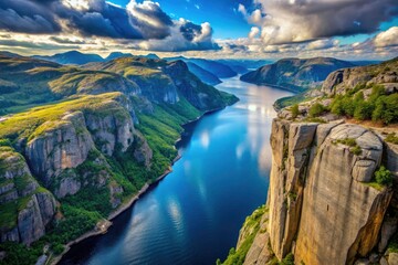 Fototapeta premium Preikestolen: A mesmerizing aerial drone shot slowly unveils the iconic fjord cliff.