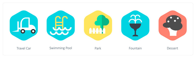 A set of 5 mix icons as travel car, swimming pool, park