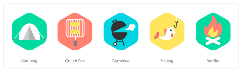 A set of 5 mix icons as camping, grilled pan, barebecue