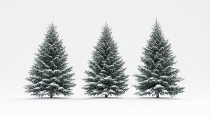 Three pine trees are standing in a snow-covered field. The trees are tall and have a green color. The snow on the trees gives them a wintery appearance. The scene is peaceful and serene