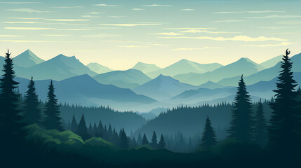 Obraz premium digital green and blue forested landscape with mountains graphics poster background