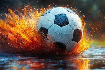 Fototapeta premium Football on fire bright flam splash symbol on the Abstract background 