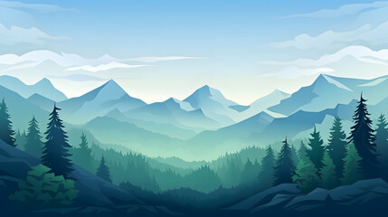 Fototapeta premium digital green and blue forested landscape with mountains graphics poster background