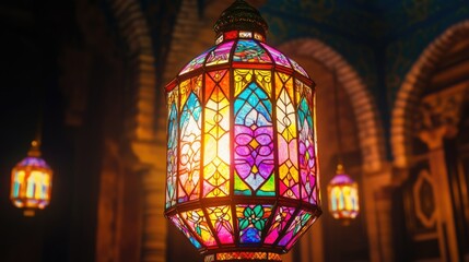 Colorful stained glass lamp is lit up in a dark room. The lamp is the main focus of the image, and its bright colors create a warm and inviting atmosphere. The room itself is dimly lit