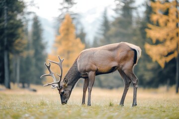 Fototapeta premium A grazing deer in the wild, sharp focus on the animal with a blurred meadow and forest backdrop