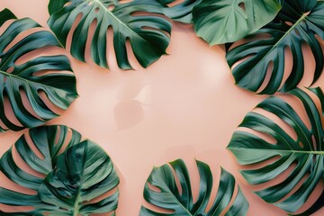 Monstera leaves summer minimal flat lay background view.