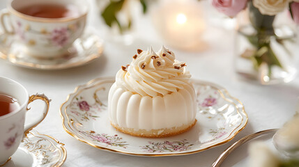 Elegant Petite French Mont Blanc Cake on Fine China Plate