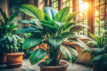 Fototapeta premium Retro botanical photography: lush tropical plants, antique camera effect, creating a serene indoor jungle.