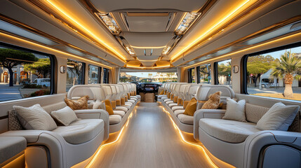 Luxurious, modern bus interior with leather seats and ambient lighting.
