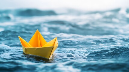 Yellow Paper Boat Sailing Turbulent Ocean Waves